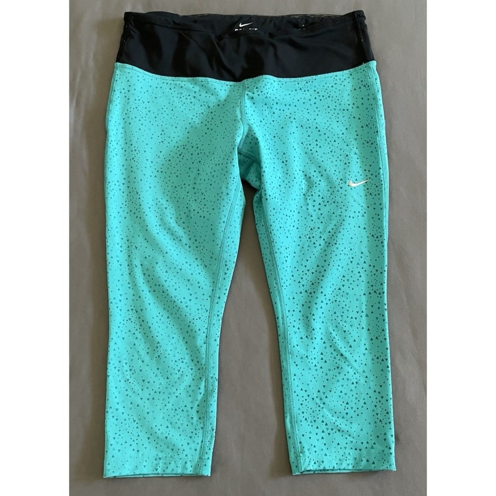 Nike Dri Fit Running Capri Leggings Drawstring Waist Green Teal Womens Large